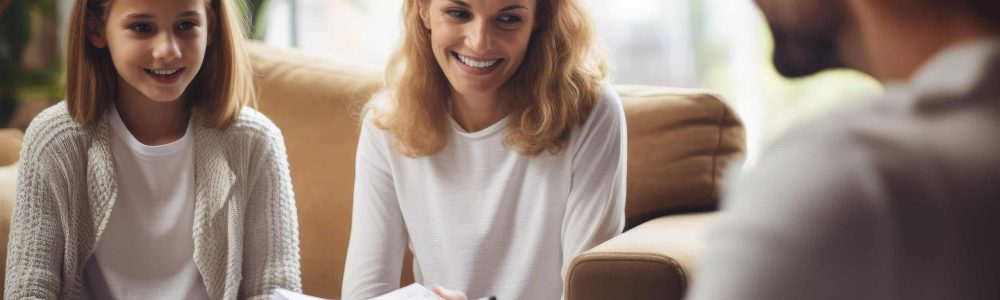 A woman peacefully sits on a couch next to a little girl, engrossed in a heartwarming conversation, happy family sitting on therapy session by female counselor writing, AI Generated